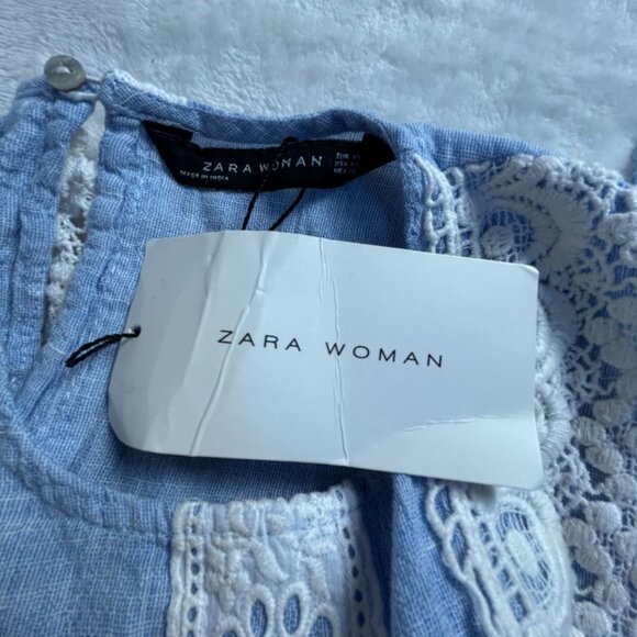 Zara Woman Chambray Lace Sleeveless Tank Top Blouse XS Blue/White Tasseled New - Picture 3 of 7